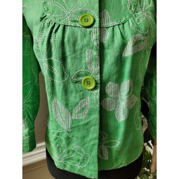 JM Collection Women Green Floral 100% Linen Long Sleeve Buttons Front Jacket 6P - Picture 4 of 12